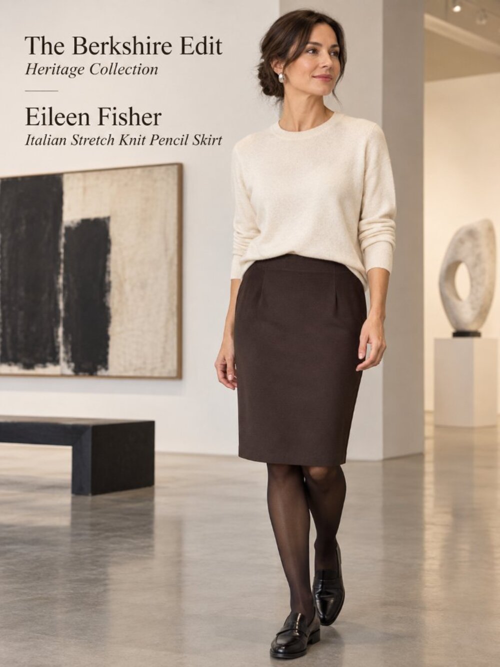 Eileen Fisher Petite L Espresso Brown Italian Knit Stretch Pencil Skirt PL